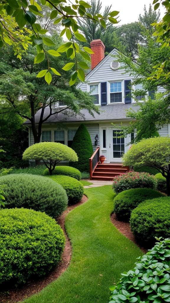 A beautifully landscaped Cape Cod house with a winding path and lush greenery for privacy.