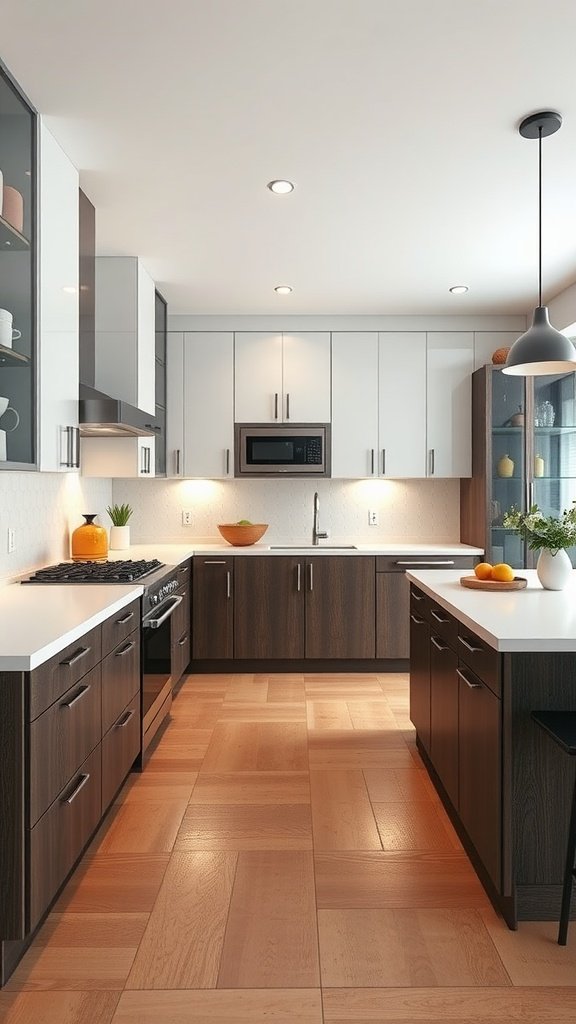 Modern kitchen with dark wood cabinetry and light countertops, featuring bright lighting and decorative elements.