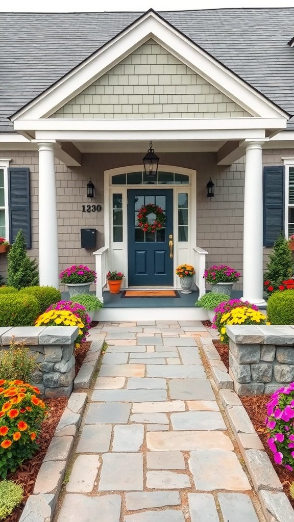 A Cape Cod house with a stone pathway and colorful flower pots leading to a blue front door.