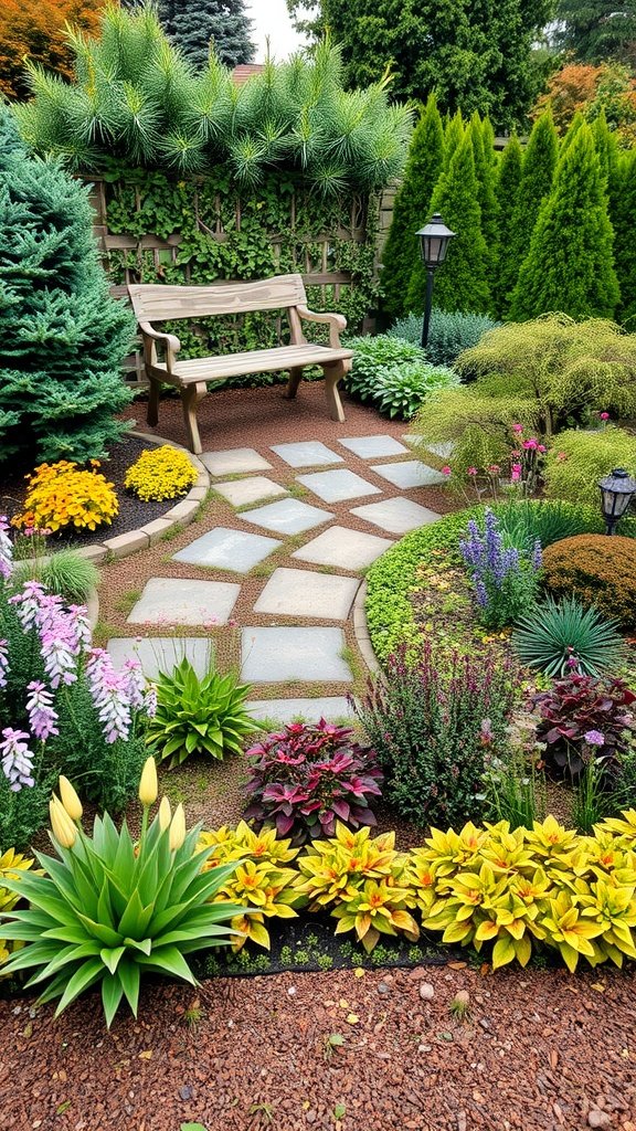 A small garden featuring colorful flowers, lush greenery, and a cozy bench along a stone pathway.