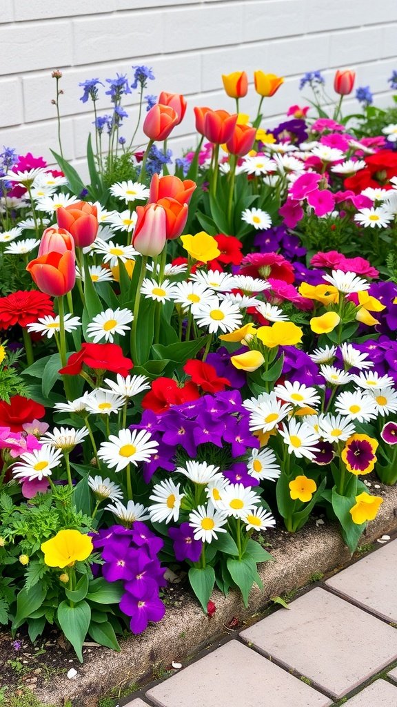 A vibrant small garden filled with various colorful flowers including tulips, daisies, and petunias.