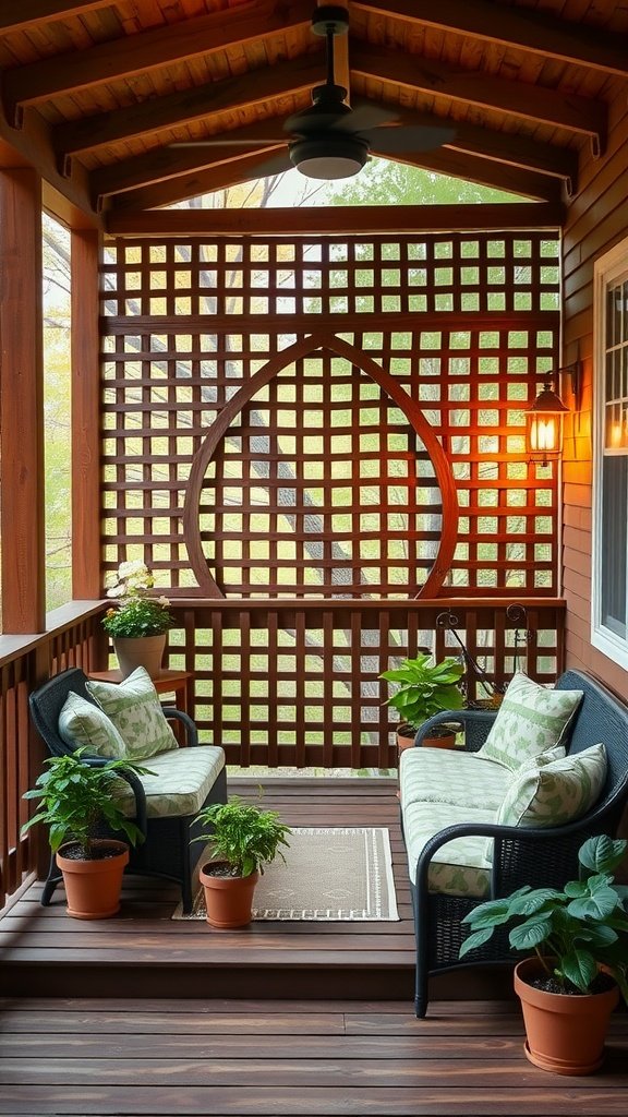 Cozy deck space featuring latticework for privacy, comfortable seating, and potted plants.