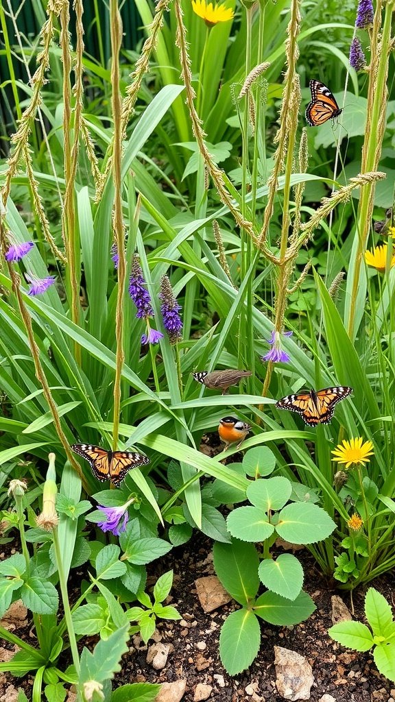 A vibrant garden with native plants, butterflies, and a bird, showcasing biodiversity.