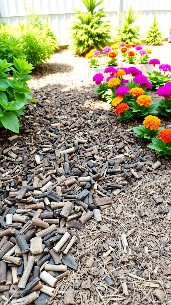 A garden path with organic mulch surrounded by colorful flowers.