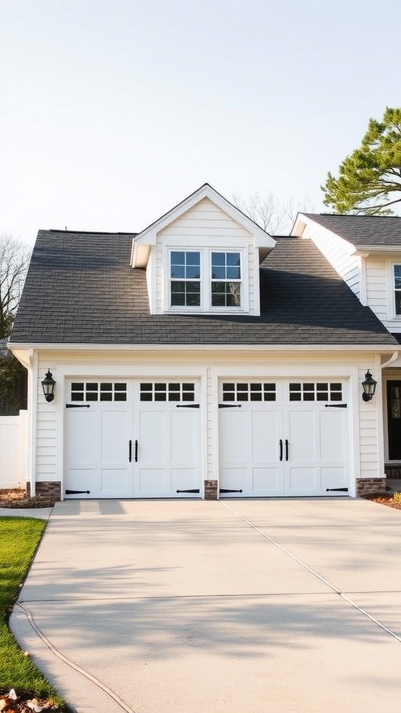 A garage with two white doors and black hardware, showcasing a clean design that complements a Cape Cod house.