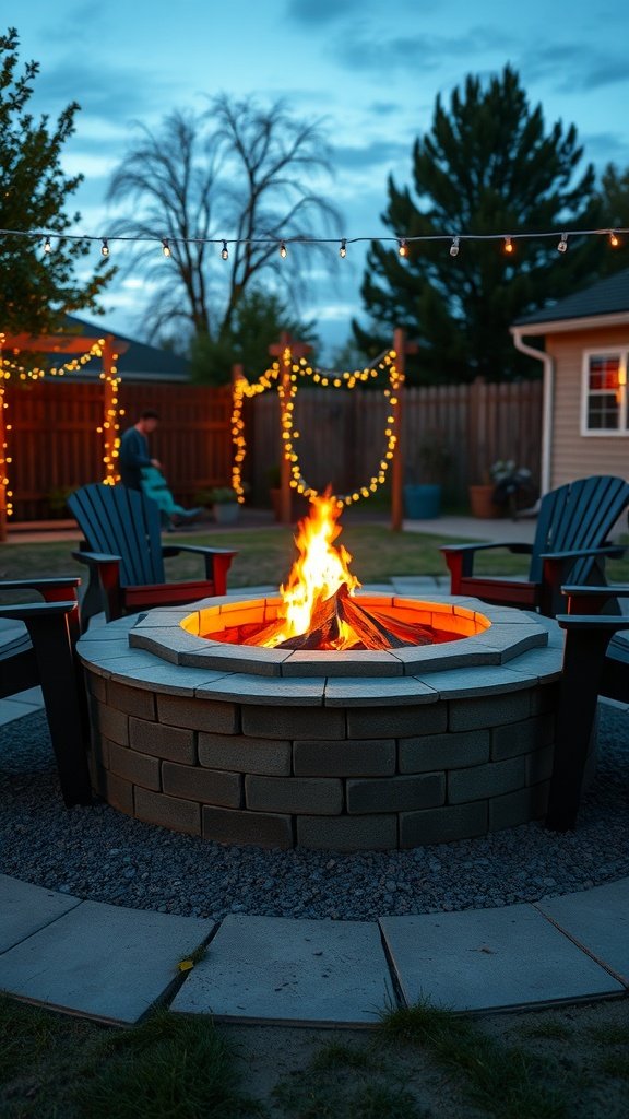 A cozy outdoor fire pit made of cinder blocks with chairs and string lights