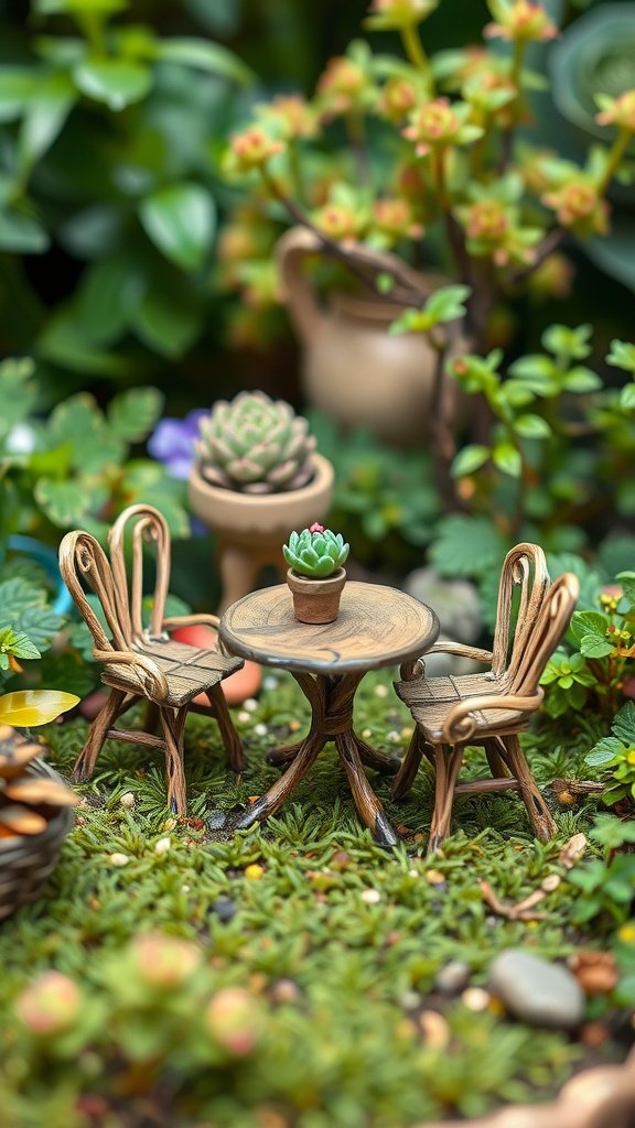 Miniature table and chairs in a fairy garden setting