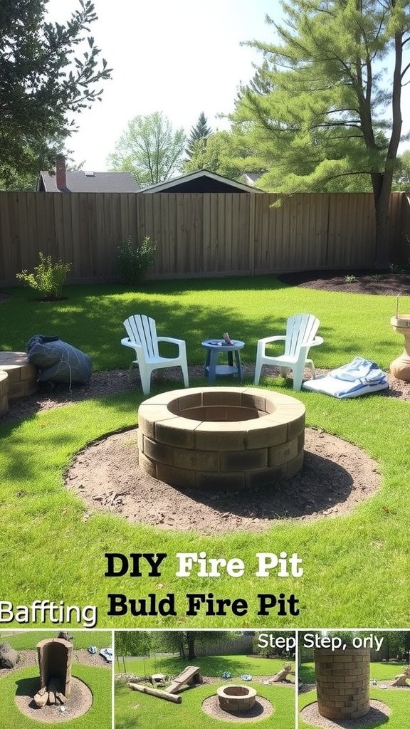 A backyard with a DIY fire pit made of bricks surrounded by green grass and two white chairs.