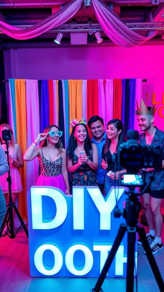 Colorful DIY photo booth setup with friends posing and having fun.