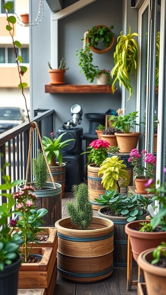 A variety of DIY planters filled with plants and flowers on a small balcony.