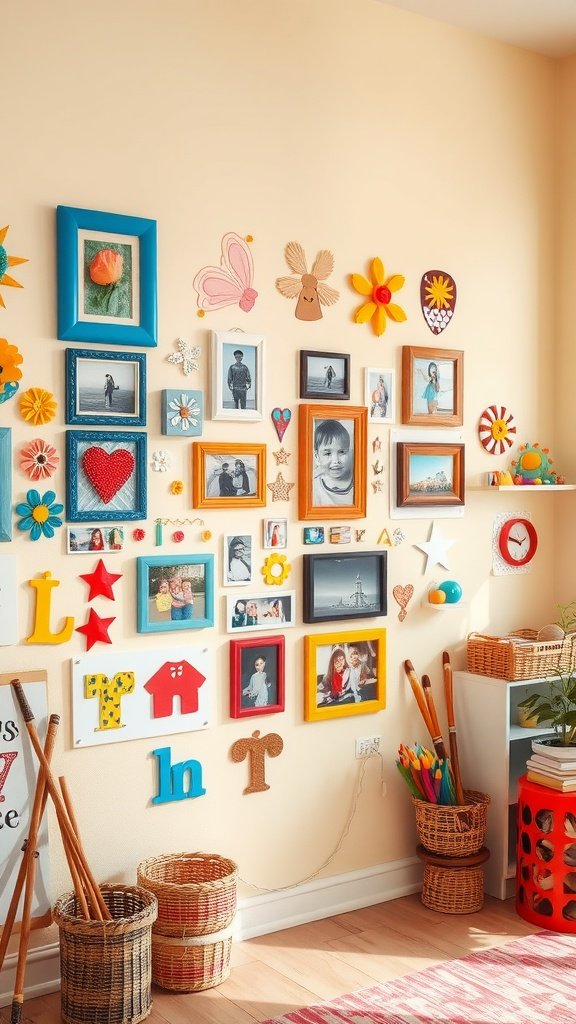 A colorful photo wall with framed pictures, decorations, and playful elements