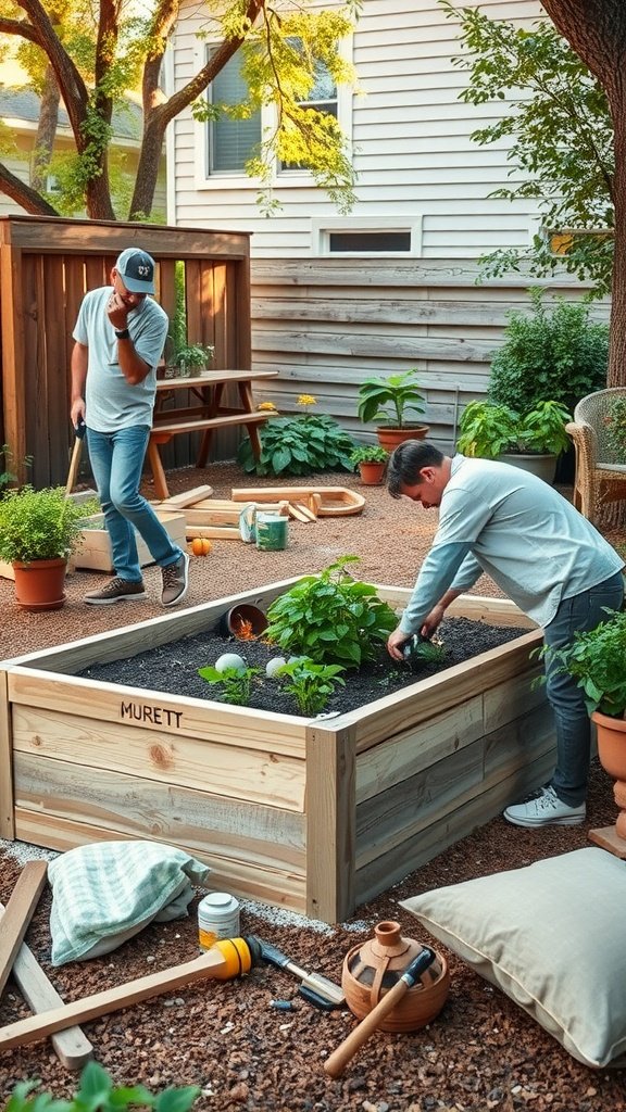 Two individuals working on a raised garden bed in a backyard, with plants and gardening tools nearby.