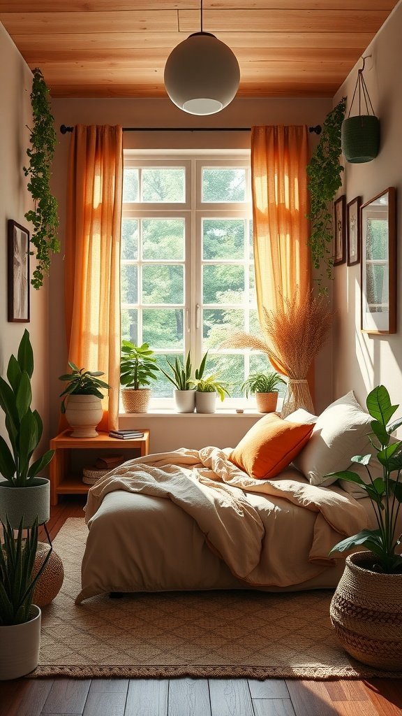 Cozy small bedroom with earthy tones, plants, and orange accents