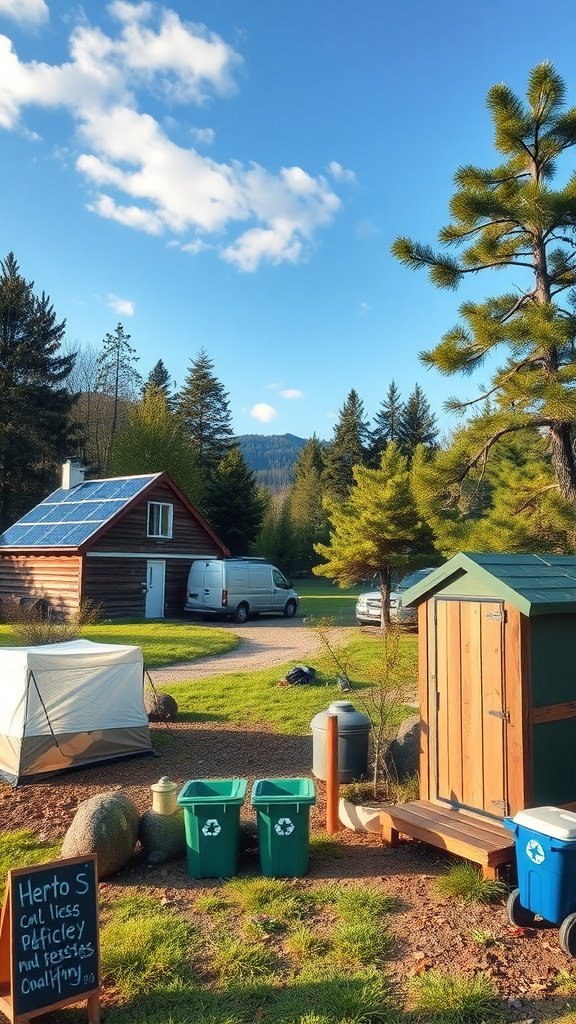 A scenic camping area with eco-friendly features including recycling bins and solar panels.