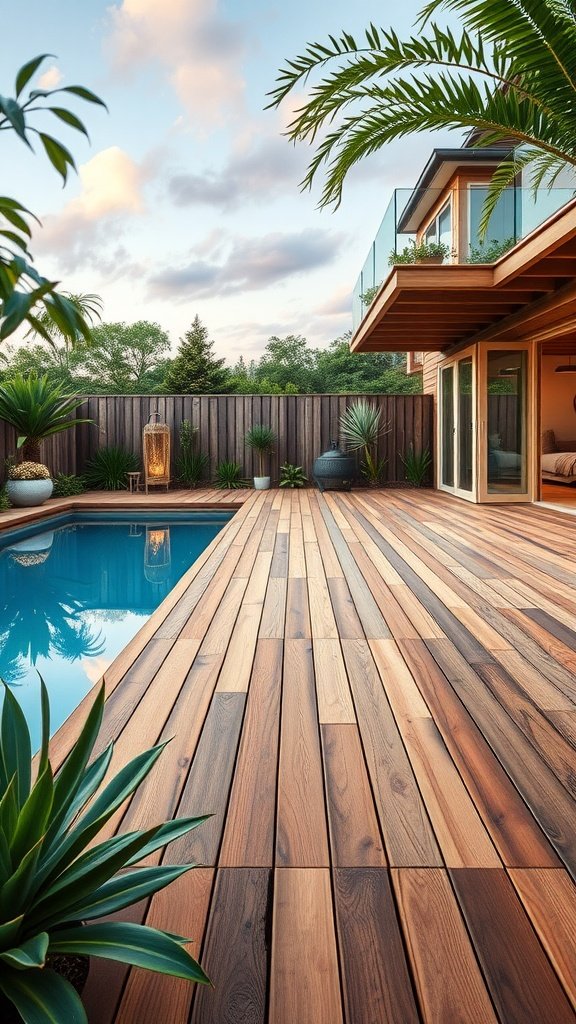 A modern wooden pool deck with palm plants and a clear blue sky.