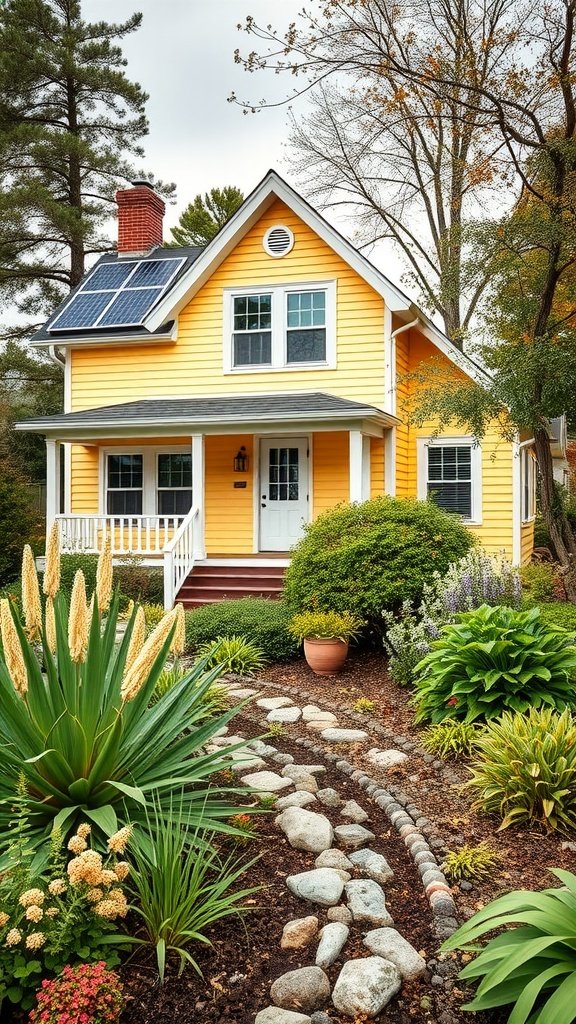 Eco-friendly yellow Cape Cod house with solar panels and natural landscaping.