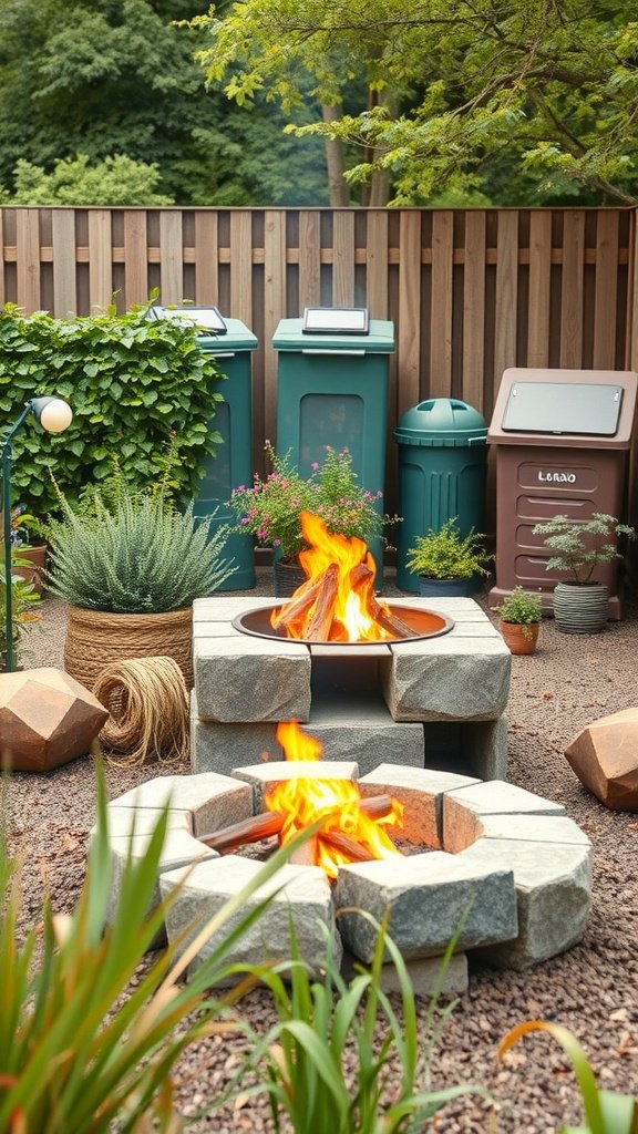 A cozy eco-friendly fire pit surrounded by lush plants and stylish geometric stones.