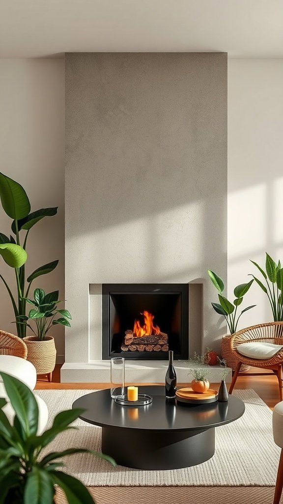 A modern eco-friendly fireplace with a minimalist design and plants surrounding it.