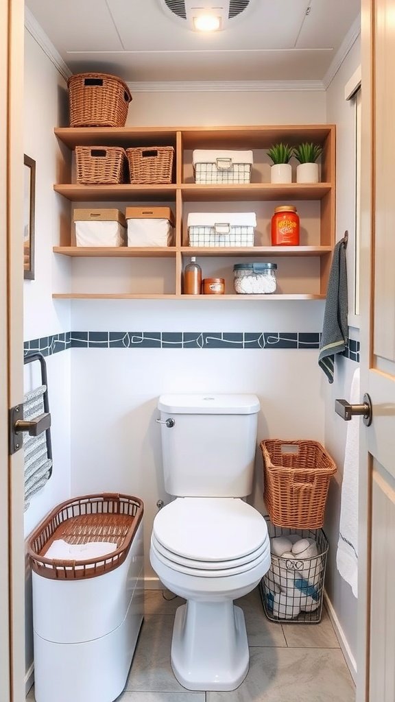 A neatly organized bathroom in a camper with shelves, baskets, and a clean design.
