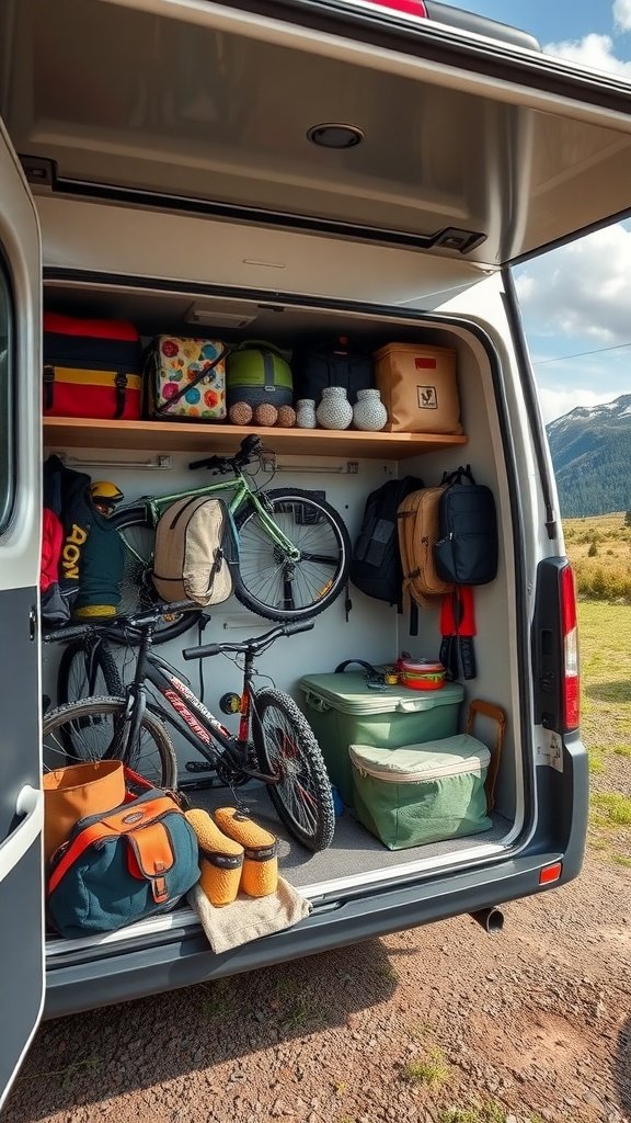 Organized RV storage with outdoor gear, including bikes, bags, and containers.