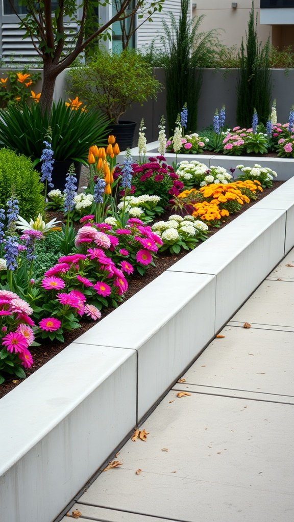 Flower bed with vibrant flowers bordered by elegant concrete edging.