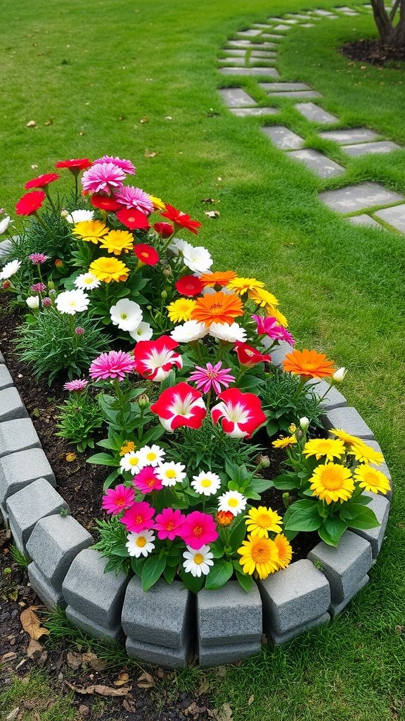 Colorful flower bed surrounded by cobblestone edging