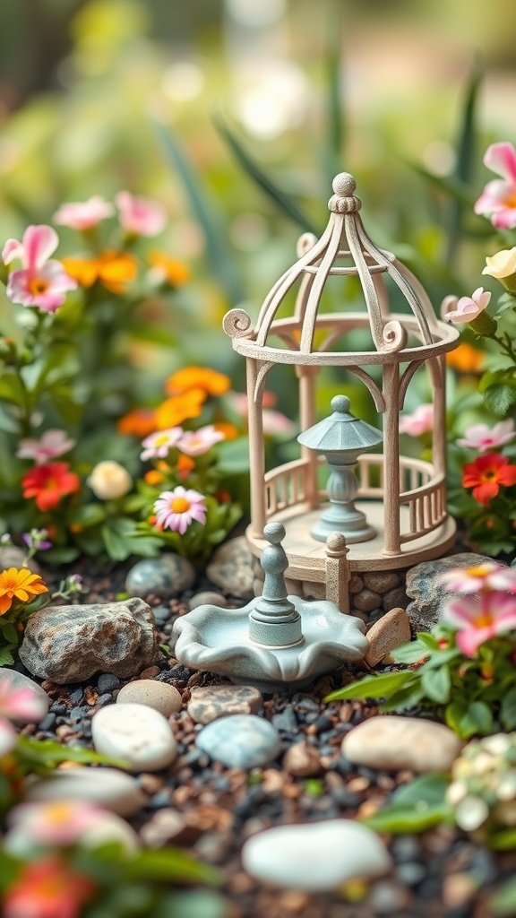 A charming fairy garden scene with a gazebo and colorful flowers.