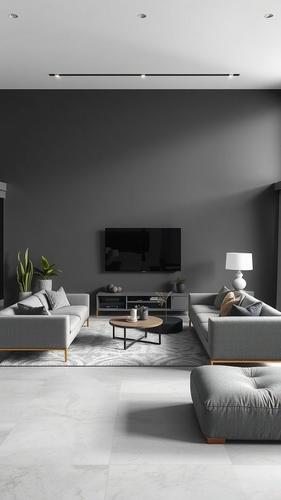 A modern living room with gray walls, gray sofas, and a minimalist decor style.