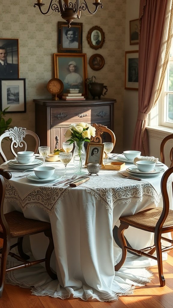 A nostalgic table setting with vintage photographs, white roses, and elegant tableware.