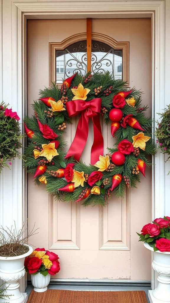 A colorful seasonal wreath with red roses and yellow flowers on a front door.