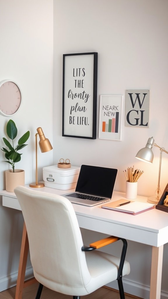 A stylish home office with a desk, laptop, and decorative items.