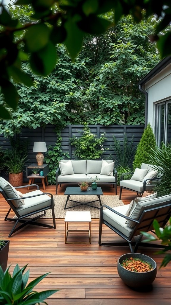 A stylish patio setup featuring comfortable seating, a coffee table, and surrounding greenery.