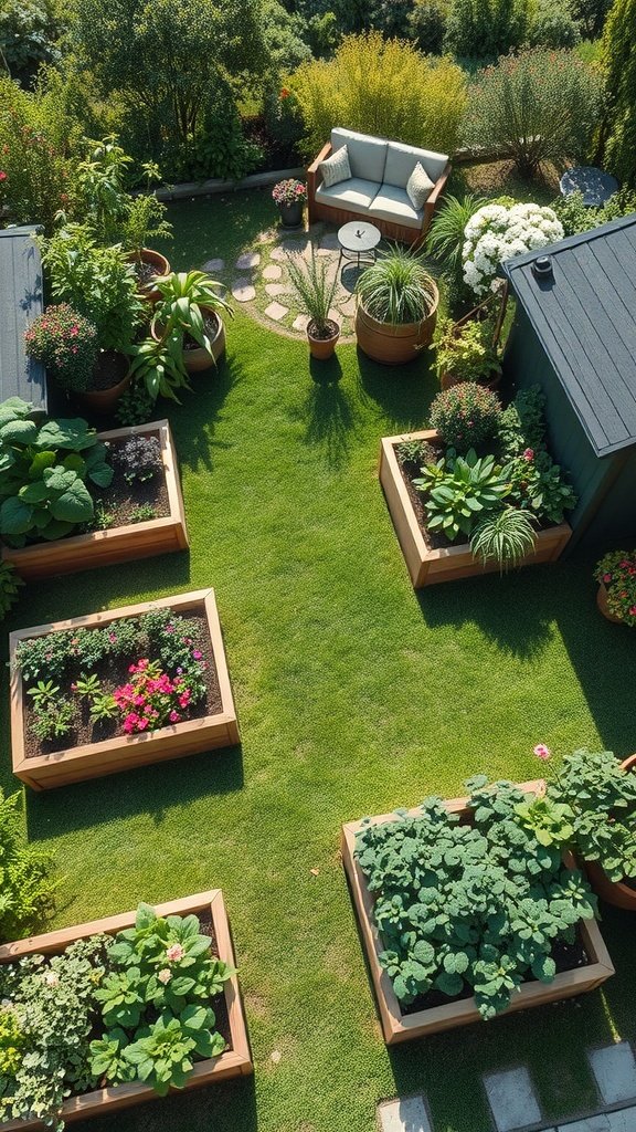 Aerial view of a garden featuring multiple raised garden beds, colorful flowers, and a cozy seating area.