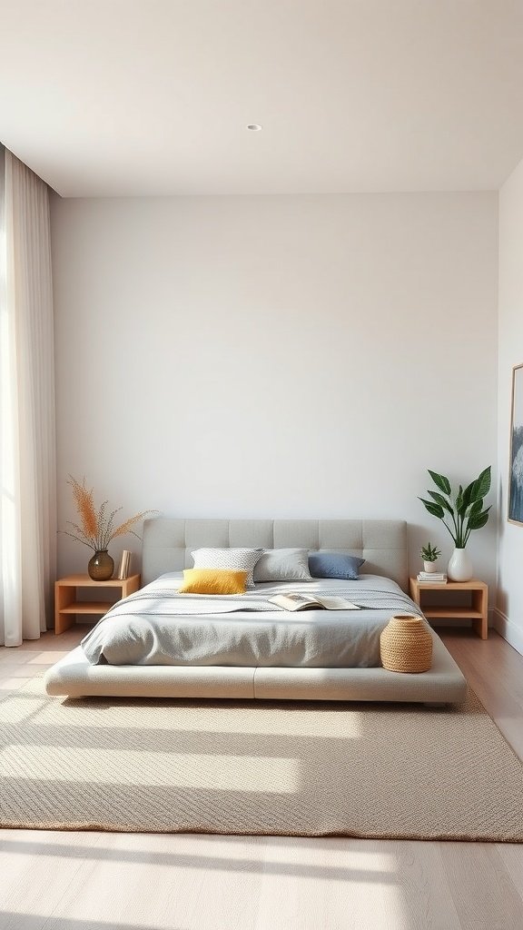 A minimalist bedroom with clean lines, neutral colors, and a cozy atmosphere