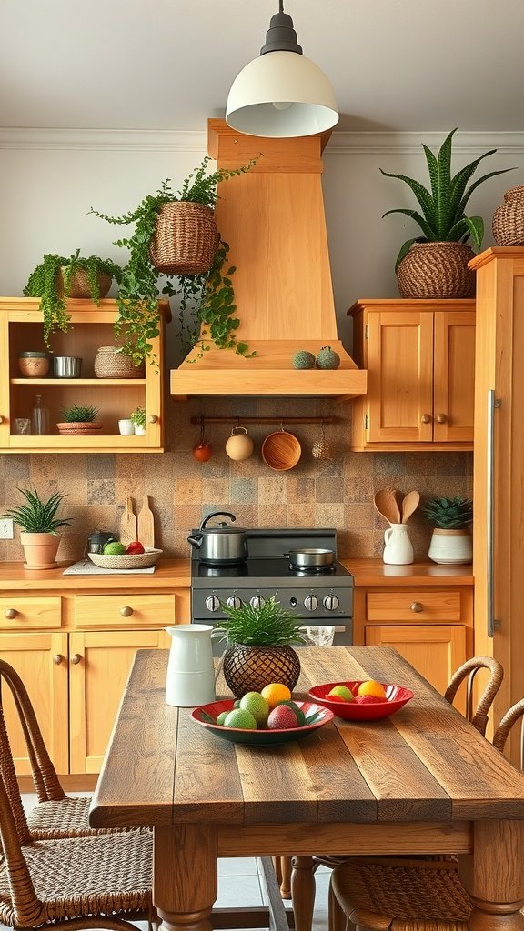 A cozy Boho-style kitchen featuring wooden cabinets, a rustic table with fruit, and plants in woven pots.