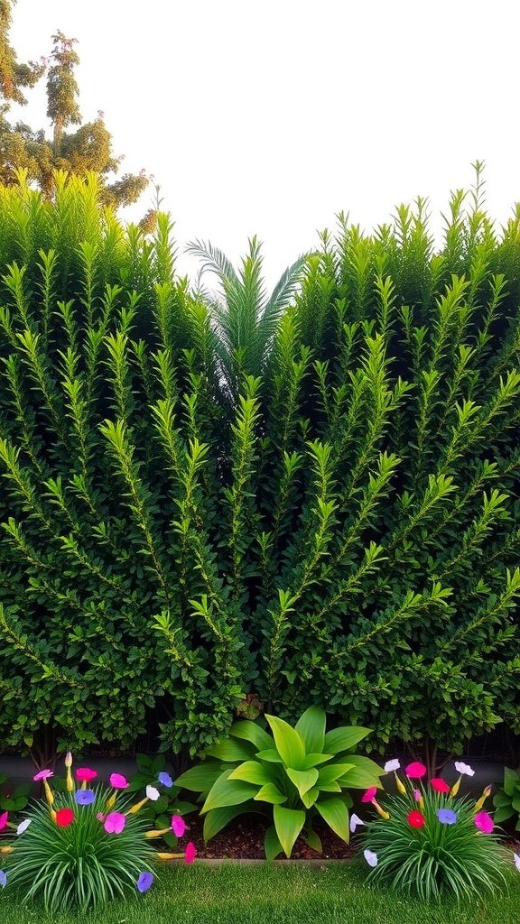 A dense green hedge with colorful flowers at the base, creating a natural privacy barrier.