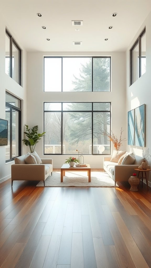 A spacious minimalist living room with large windows and simple furniture.