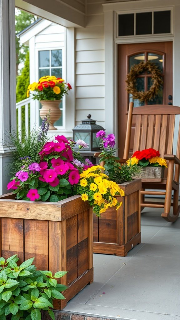 Wooden planters on a front porch filled with colorful flowers
