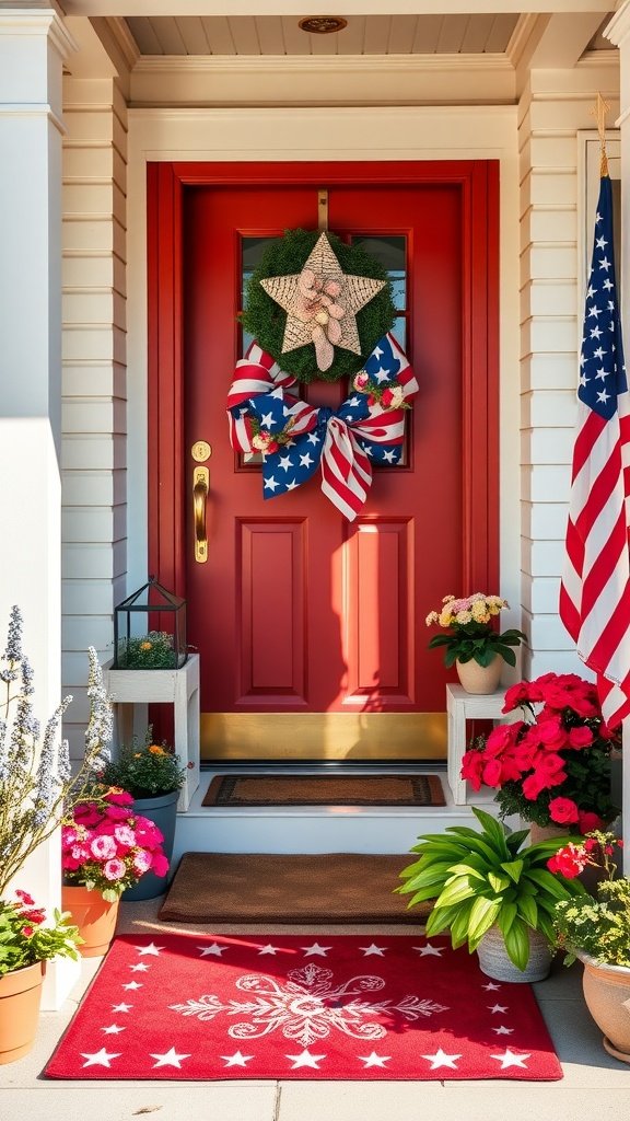 A red front door with a patriotic wreath, surrounded by flowers and an American flag