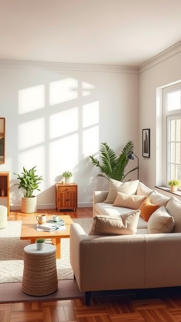 A cozy living room with soft neutral colors, plants, and warm wooden floors.