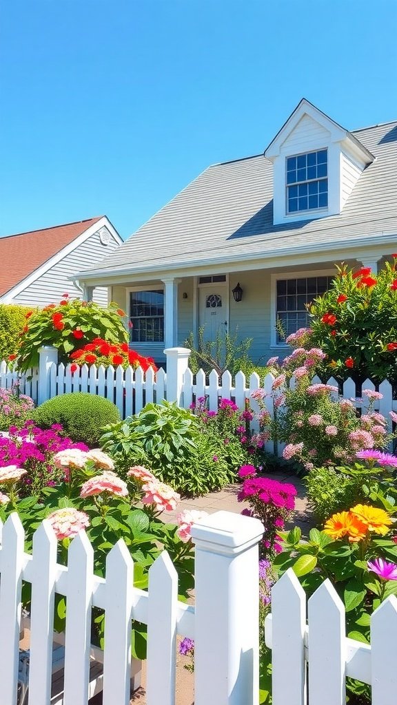 Colorful flower garden with a white picket fence in front of a Cape Cod house.