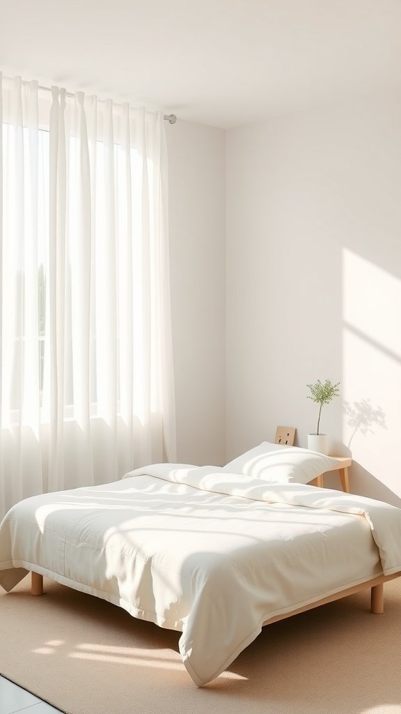 A minimalist guest bedroom with a light bedspread, natural light, and a small plant on a nightstand.