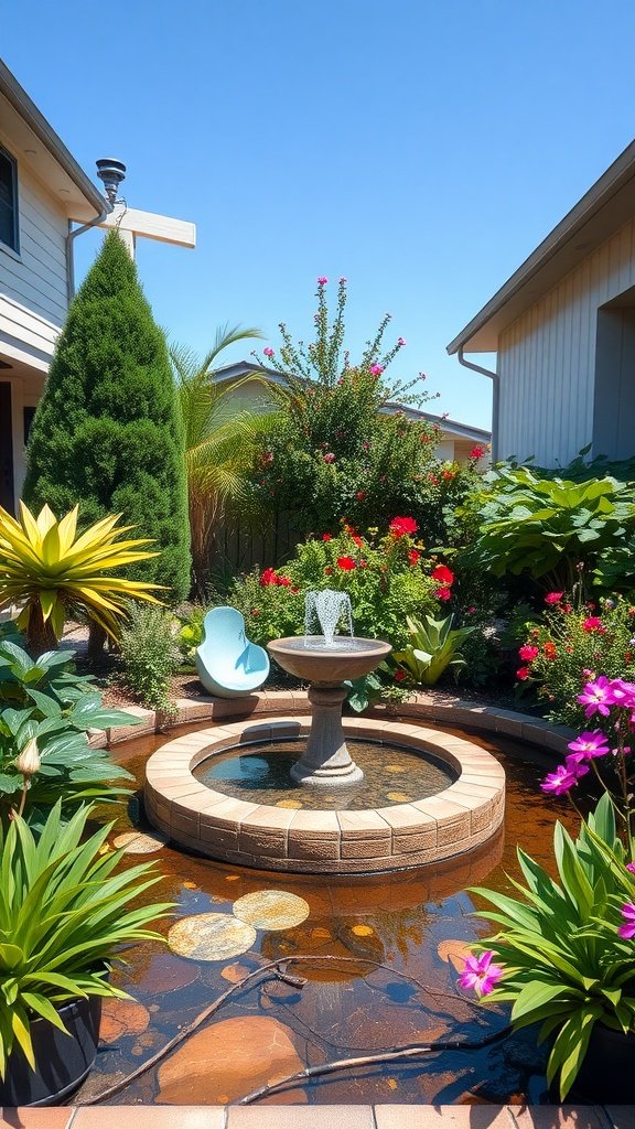 A serene front yard featuring a circular fountain surrounded by vibrant flowers and lush greenery.