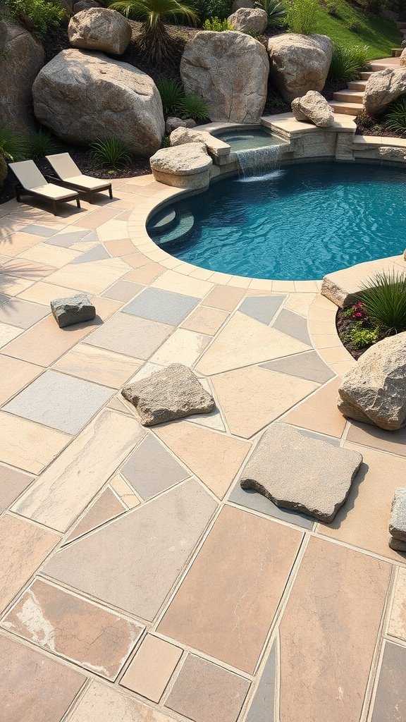A natural stone pool deck with various stone patterns, surrounded by greenery and poolside lounge chairs.