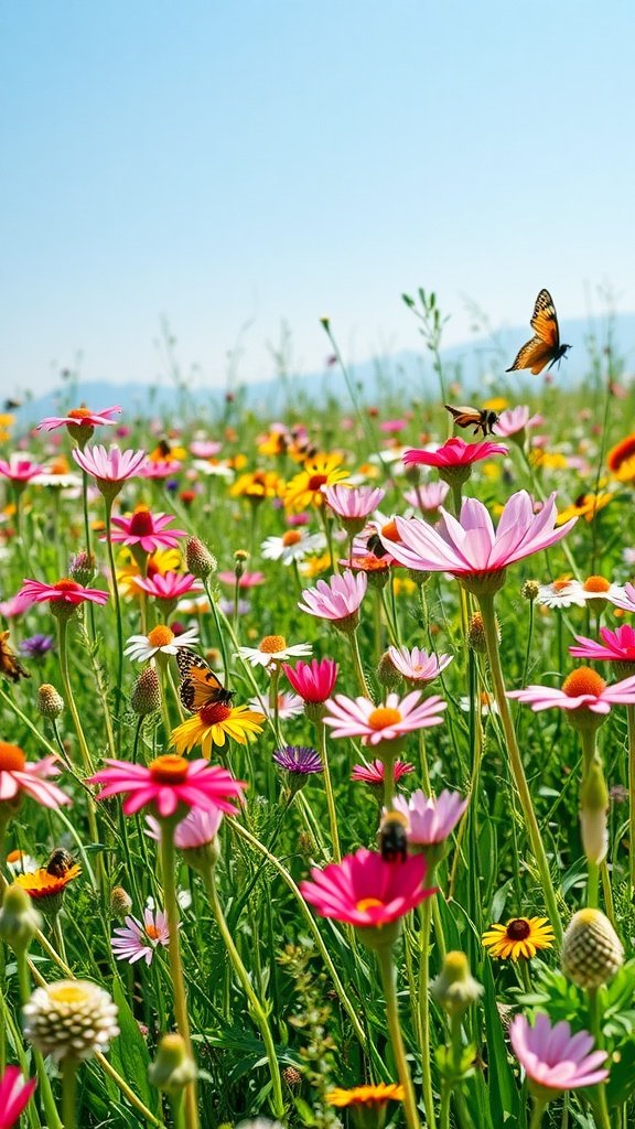 A vibrant wildflower meadow with various colorful flowers and butterflies.