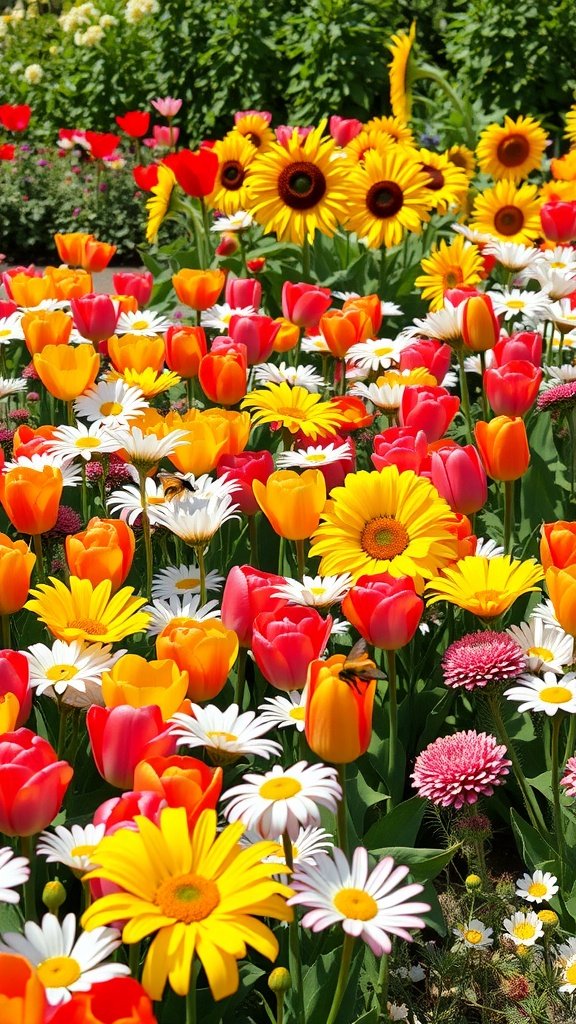 A colorful flower garden filled with sunflowers, tulips, and daisies in various shades of red, yellow, and white.
