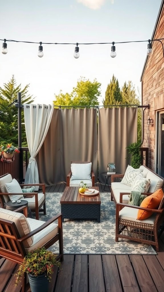 Cozy deck setup with curtains for privacy and string lights overhead.