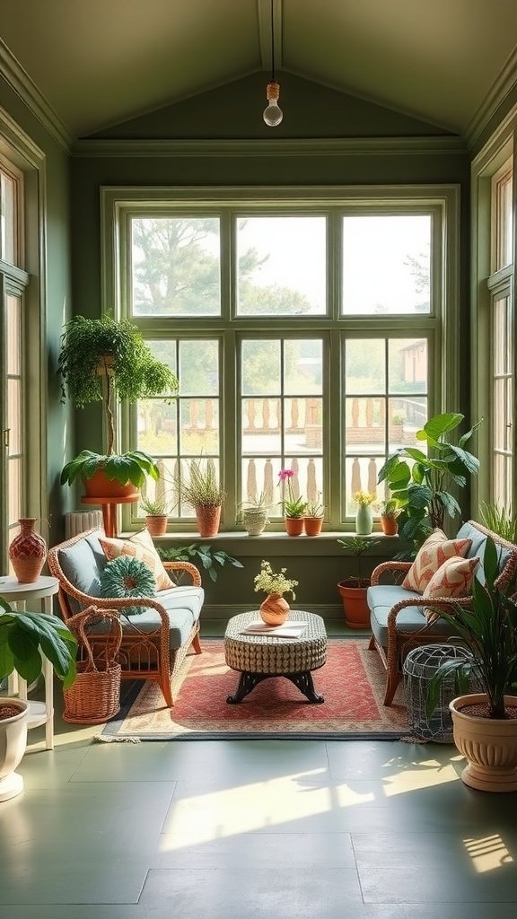 A sunroom featuring olive green walls, large windows, cozy seating, and various indoor plants.