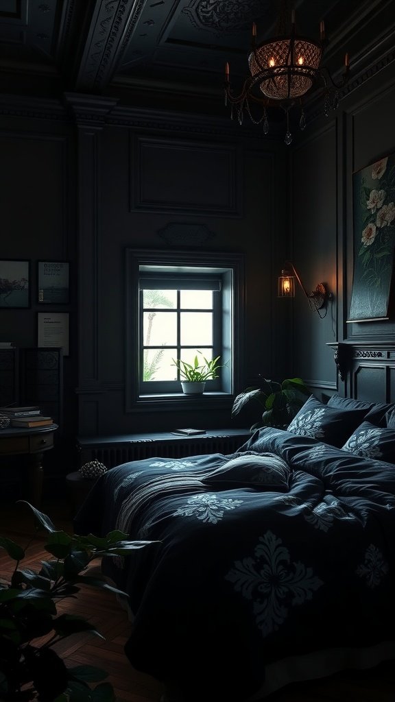 A dark aesthetic bedroom featuring deep colors, plants, and soft lighting.