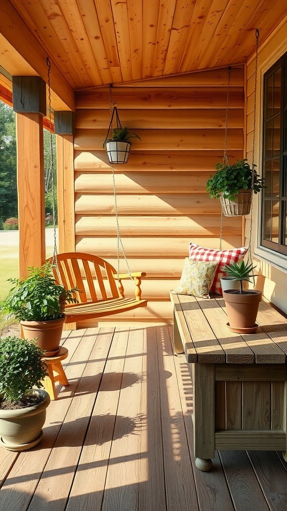 A rustic farmhouse front porch with wooden elements, including a swing and potted plants.
